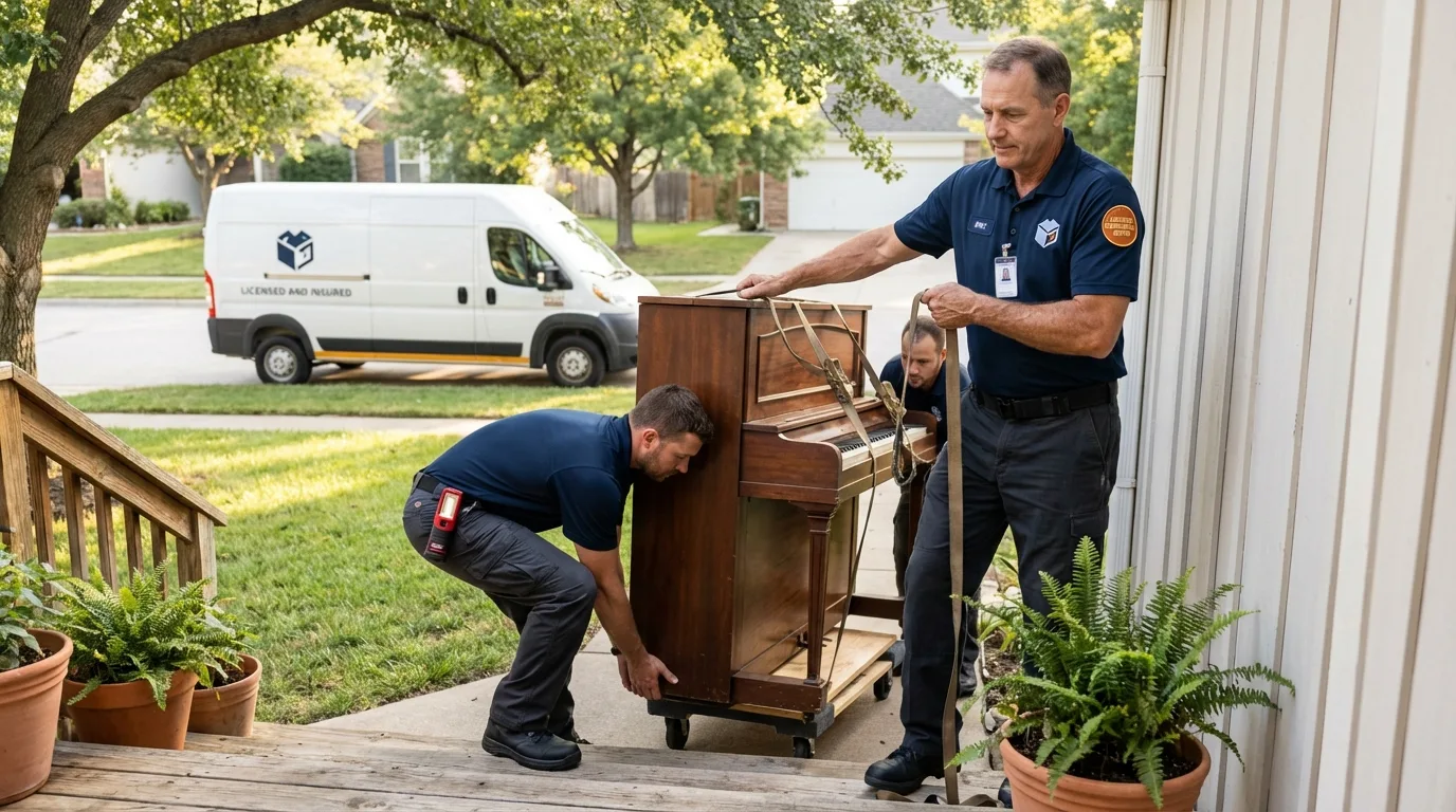 Licensed piano movers securing grand piano in Yazoo City, MS