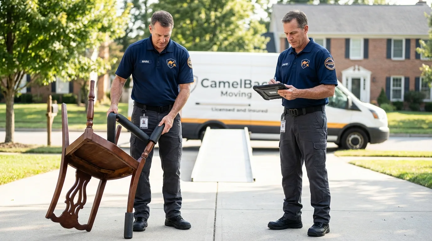 Movers inspecting furniture for damage prevention before loading in Yazoo City, MS