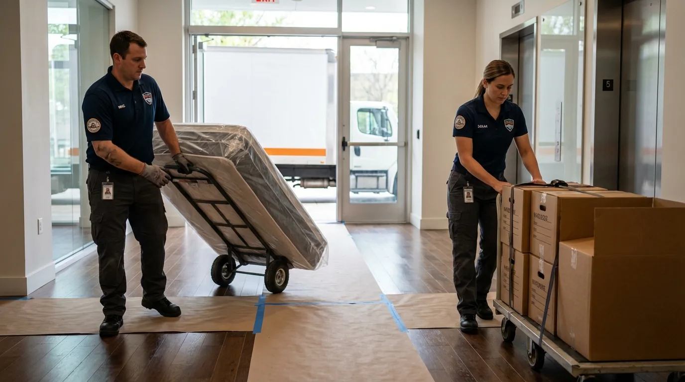 Professional apartment movers loading elevator in Yazoo City, MS