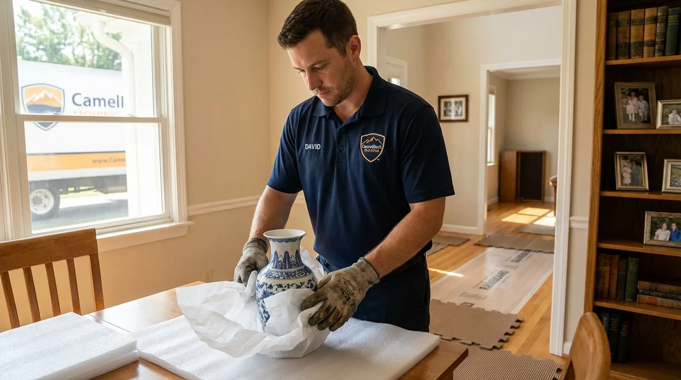 Professional crew carefully wrapping antique vase for senior downsizing move in Yazoo City, MS
